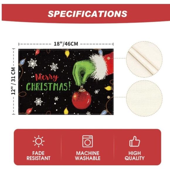 Artoid Mode Xmas Ball Merry Christmas Placemats Set of 4, 12x18 Inch Seasonal - Picture 3 of 5